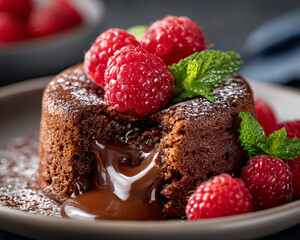 Chocolate fondant cake with a oozing chocolate cream filling, garnished with fresh raspberries