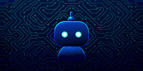 A cute blue robot stands against a backdrop of intricate circuit board patterns © Bithi