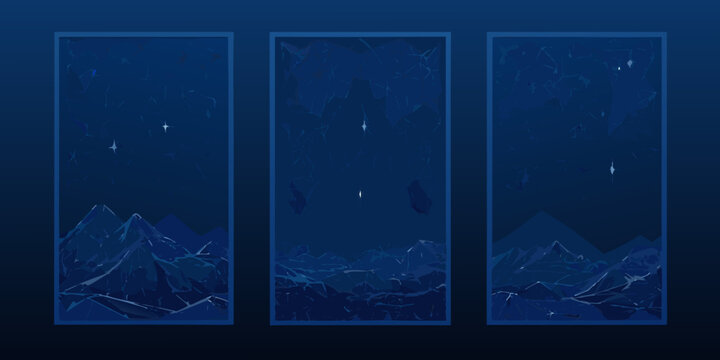 A triptych displaying a dark blue mountain range beneath a starry night sky