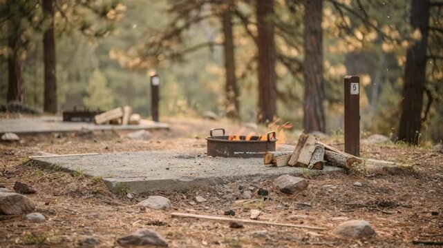 Medium shot of a forest campground tent site featuring marked pads fire rings and posts with pine trees softly blurred in the background for natural camping vibes.