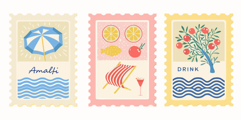 Colorful retro style postage stamps featuring summer themes and coastal elements © Bithi