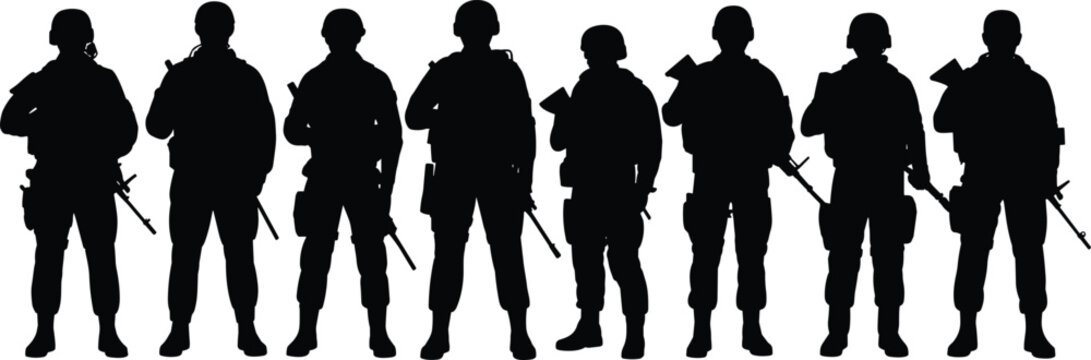 Military soldiers silhouette standing in line with rifles, armed army squad team concept, special forces troops isolated on white background, war security illustration.