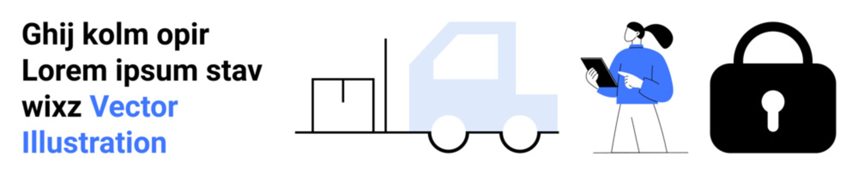 E-commerce, logistics, security, delivery, data management, technology. Delivery truck with a package, person with tablet and a padlock. E-commerce and logistics-focused secure parcel shipping