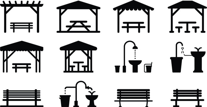 Park shelter and picnic pavilion silhouette icon set with pergola, gazebo, benches, picnic tables, drinking fountain, water tap, and outdoor facilities isolated on white.