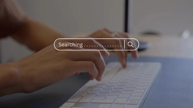 User typing on keyboard with a search bar, symbolizing online data inquiry and information retrieval process