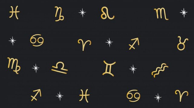 Zodiac Signs Animation. Loop able Video. Horoscope Abstract Background with Zodiac Signs, Stars. Astrology Moving Pattern. Video in Gold, Black, White
