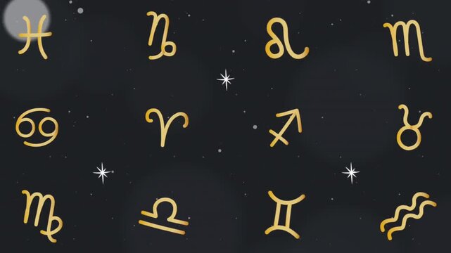 Zodiac Signs Animation. Horoscope Abstract Background with Zodiac Signs, Stars. Astrology Moving Pattern. Video in Gold, Black, White