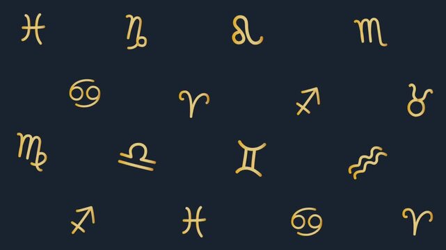 Zodiac Signs Animation. Loopable Video. Horoscope Abstract Background with Zodiac Signs. Astrology Moving Pattern. Video in Gold, Dark Blue