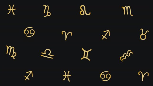 Zodiac Signs Animation. Loopable Video. Horoscope Abstract Background with Zodiac Signs. Astrology Moving Pattern. Video in Gold, Black