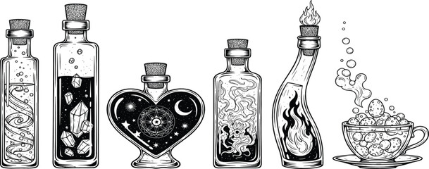 Mystical magic potion bottles illustration set with alchemy and fantasy elements © Jahangir