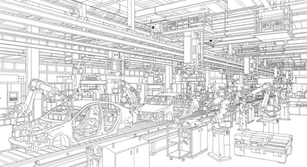 Sketch of a large industrial factory interior with machinery.