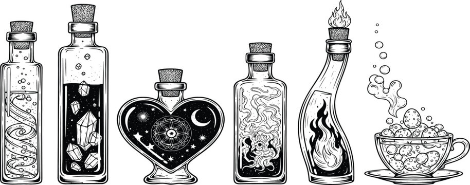 Mystical magic potion bottles illustration set with alchemy and fantasy elements