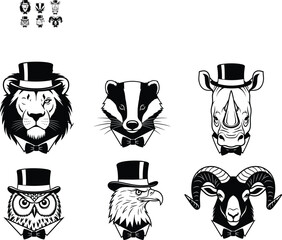 Elegant animal head silhouettes collection, lion badger rhino owl eagle ram in top hat and bow tie, vintage vector illustration set © Hello World