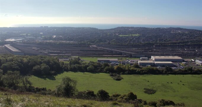 Extra wide planning shot of Folkestone and Channel Tunnel Eurotunnel site