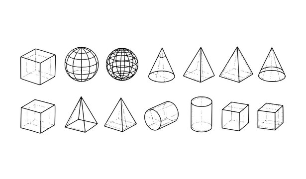 Hand-drawn 3D geometric shapes outline doodle vector icon set