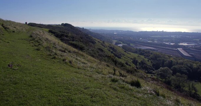 Shot of Cheriton hill looking east, overlooking the Folkestone and Channel Tunnel Eurotunnel site