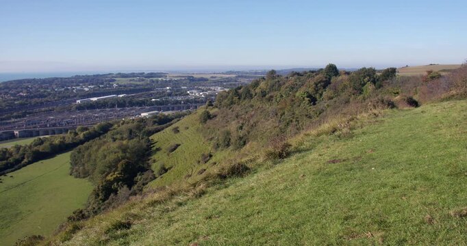 Shot of Cheriton hill overlooking the Folkestone and Channel Tunnel Eurotunnel site