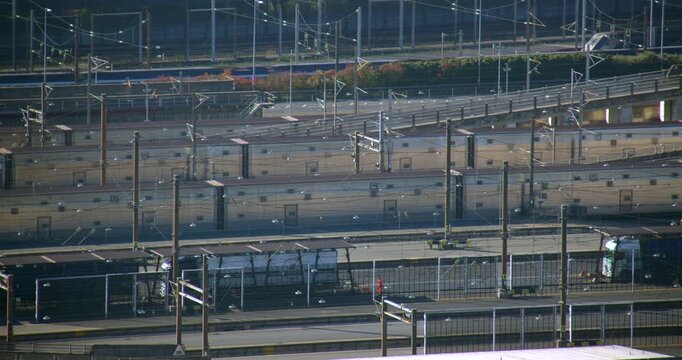 Mid Shot of Multiple trains at Eurotunnel Folkestone site