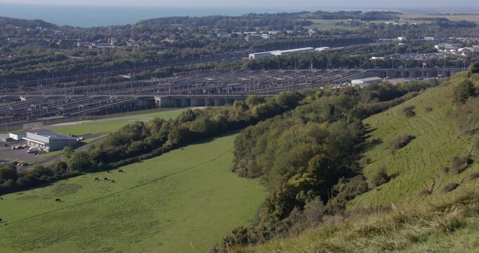 shot looking down on to the Channel tunnel, Eurotunnel Terminal Building at Folkestone UK