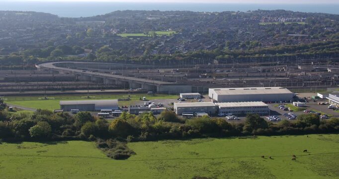 Wide shot looking down on to the Channel tunnel, Eurotunnel Terminal Building at Folkestone UK