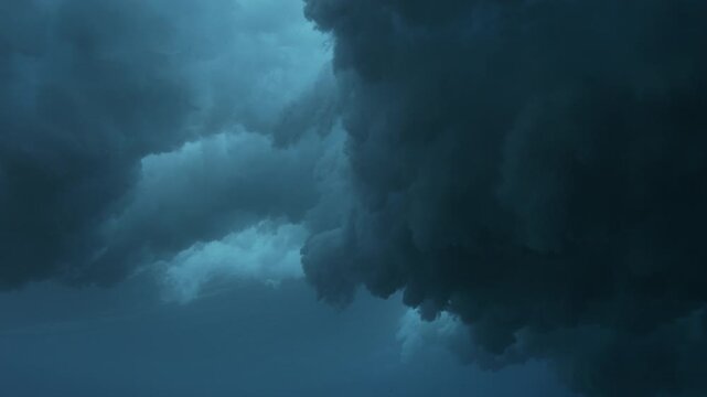 Dark underwater wave turbulence forming dense foam and moody deep ocean atmosphere