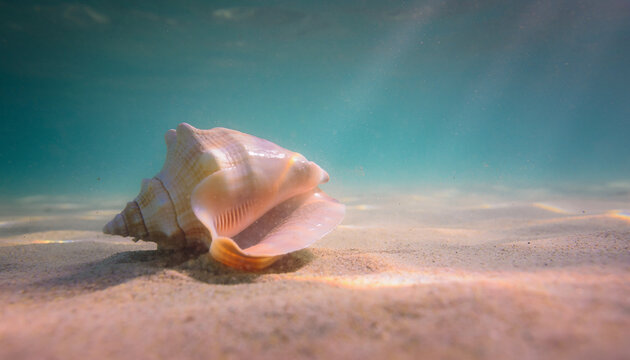 A beautiful white conch seashell rests on the tropical beach sand near the ocean water, capturing the essence of summer nature and marine life during a peaceful coast vacation