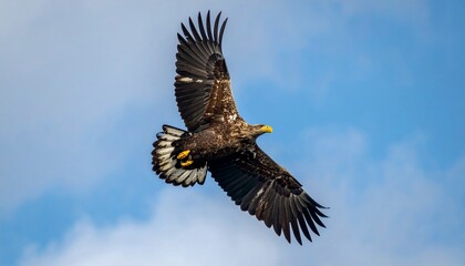 Powerful eagle with outstretched wings soaring gracefully against a vibrant blue sky, epitomizing wild freedom