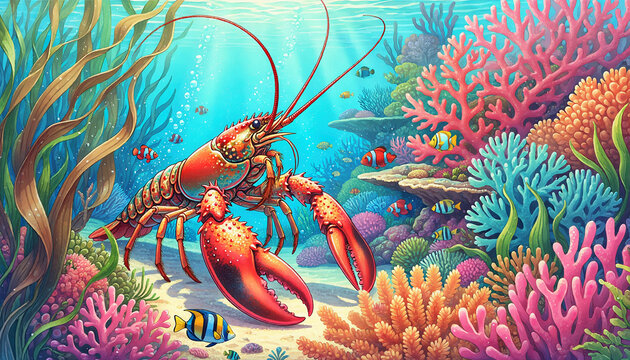 A vibrant red sea anemone and fish thrive within a coral reef in the deep blue ocean as a crustacean with a sharp claw rests on the underwater shell amidst the fresh marine nature