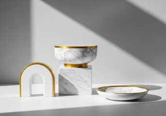 Marble and gold decorative items on a white surface with shadows, modern luxury home decor