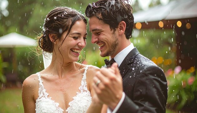 A happy bride and groom share a romantic kiss outdoors in a park, celebrating their marriage as a smiling young couple surrounded by beautiful wedding flowers and the joy of family