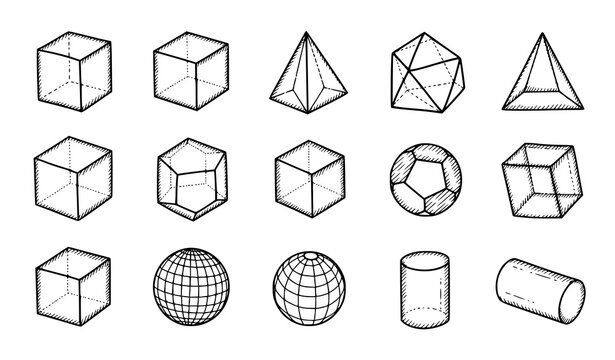 3D geometry doodle icons set with hand-drawn outline geometric vector shapes