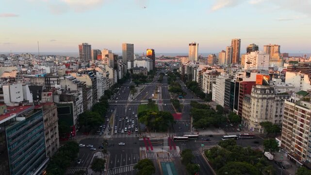 Aerial View Of The Avenida 9 de Julio In Downtown Buenos Aires, Argentina.