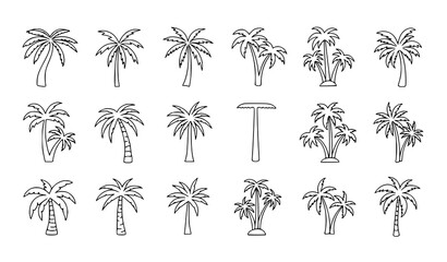 Hand-drawn palm tree outline icon pack tropical doodle vector collection