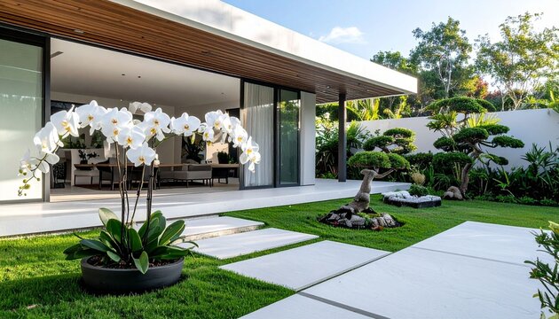A luxury villa exterior features a vibrant flower bed garden and tropical palm trees under a clear summer sky near the residential building design