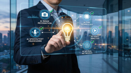Fototapeta premium A businessman in a suit interacts with a futuristic AI interface in a modern office with a cityscape background