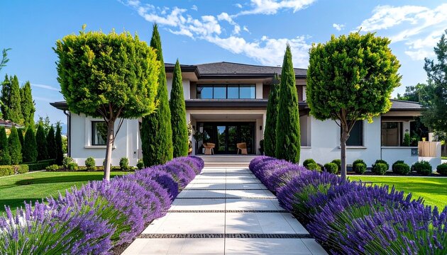 A luxurious tropical villa with palm trees and blooming flowers stands under a bright summer sky, featuring modern residential architecture and a scenic garden view