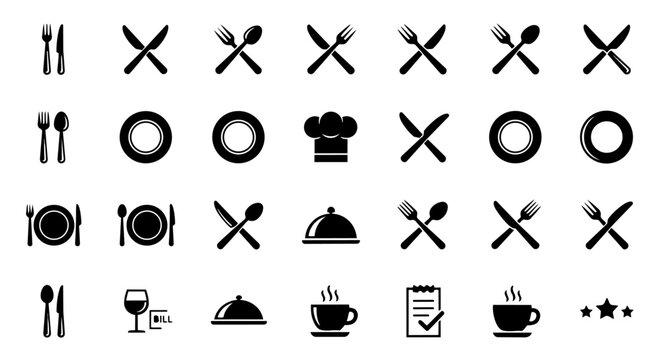 Restaurant dining and food service icon set cutlery plate menu cafe symbols