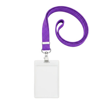 Purple lanyard with white rectangular badge holder isolated on transparent background