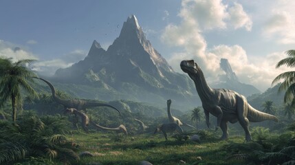 Dinosaur Landscape with Mountain and Jungle