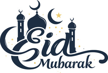 Elegant Eid Mubarak calligraphy with crescent moons, traditional Islamic celebration, festive greeting, gold and blue. © Md Yeasin