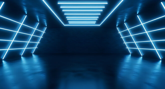 Futuristic Underground basement interior with blue neon lights on walls and ceiling