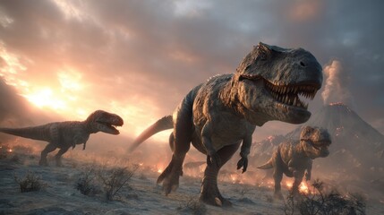 Fierce Tyrannosaurus Rex Dinosaurs at Sunset