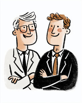 Collaborative Counsel: Two professional men, exuding trust and partnership, pose amiably in a vibrant and engaging illustration. Embodying camaraderie and business acumen.