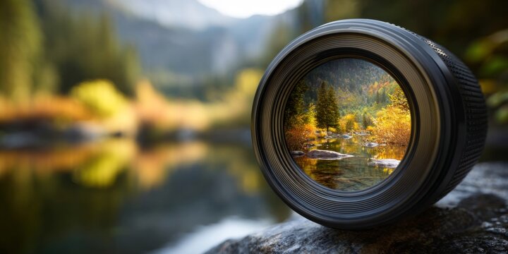 A close-up view of a camera lens with a beautiful landscape scene reflected in the glass, surrounded by nature s earthy textures and colors