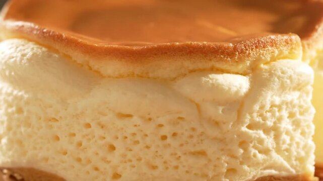 Macro shot of Japanese cotton cheesecake, highlighting the incredibly fluffy, airy sponge texture and golden-brown crust. Delicious Asian dessert concept background.