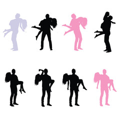 Romantic silhouettes of a man holding a woman in various romantic poses, symbolizing love, partnership, and embrace, in multiple colors.