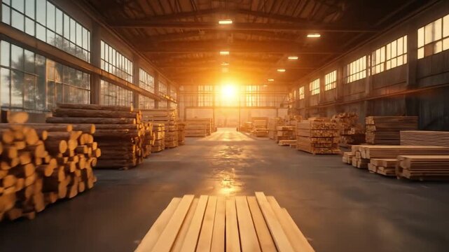 Warm sunlight illuminating stacked timber in a warehouse