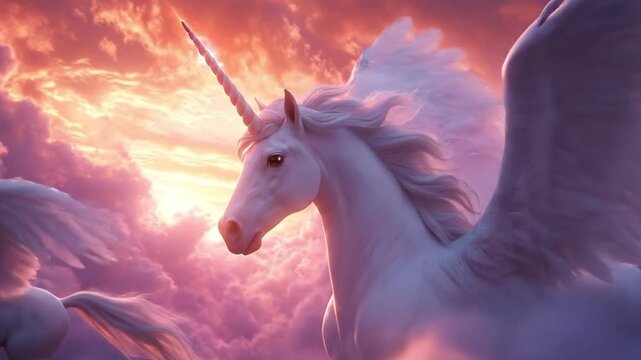 Majestic winged unicorns soaring through vibrant clouds at sunset
