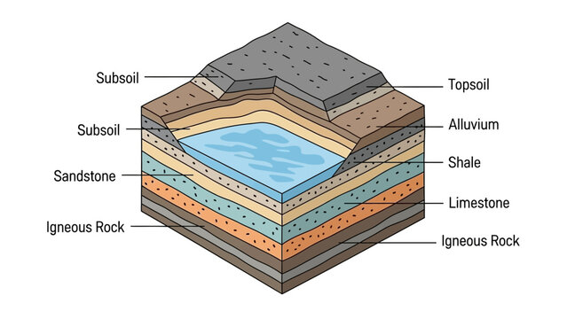 Geological Cross Section Illustrating Layers of Earth and Rock Formations.