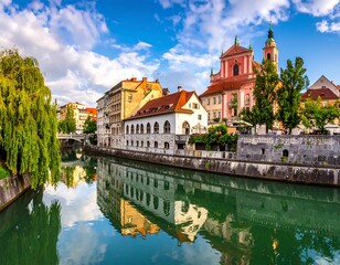 Fototapeta premium Scenic European river reflects colorful buildings under a partly cloudy blue sky, next to a weeping willow tree